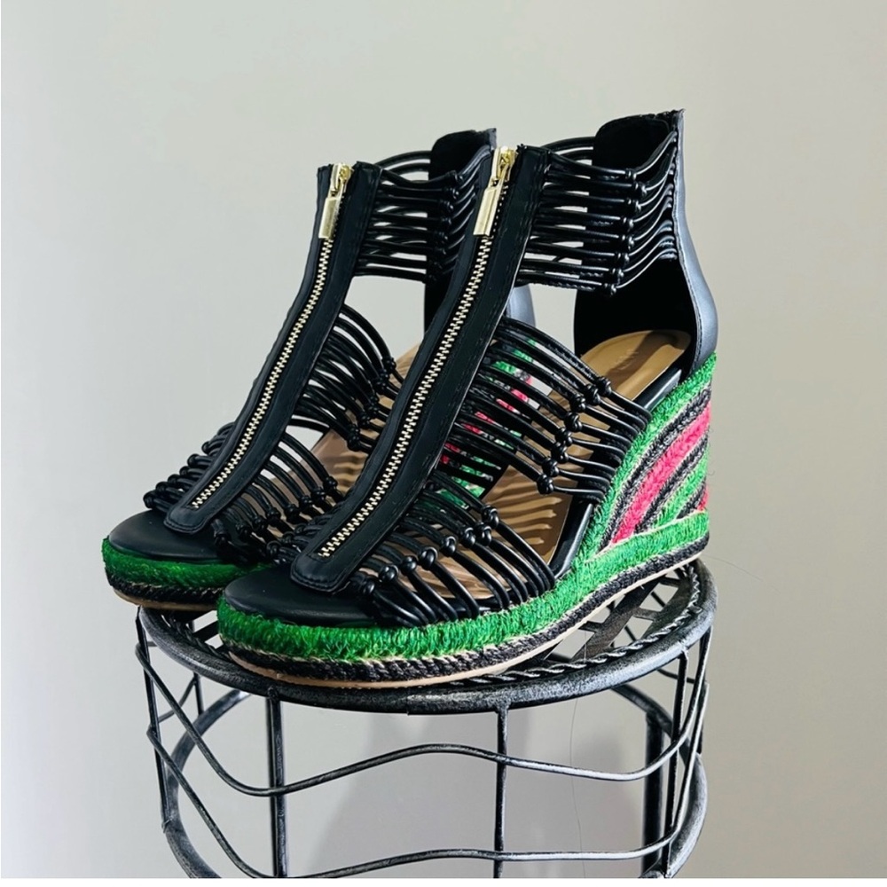 Black and Green Wedge Sandals